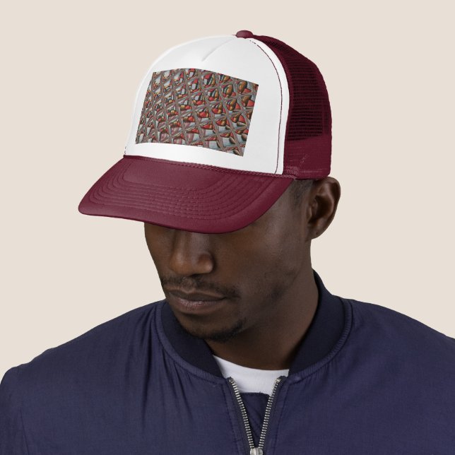 Embossed Ash Gray Maroon Checkered: A Modern Art Trucker Hat (In Situ)