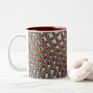 Embossed Ash Gray Maroon Checkered: A Modern Art Two-Tone Coffee Mug