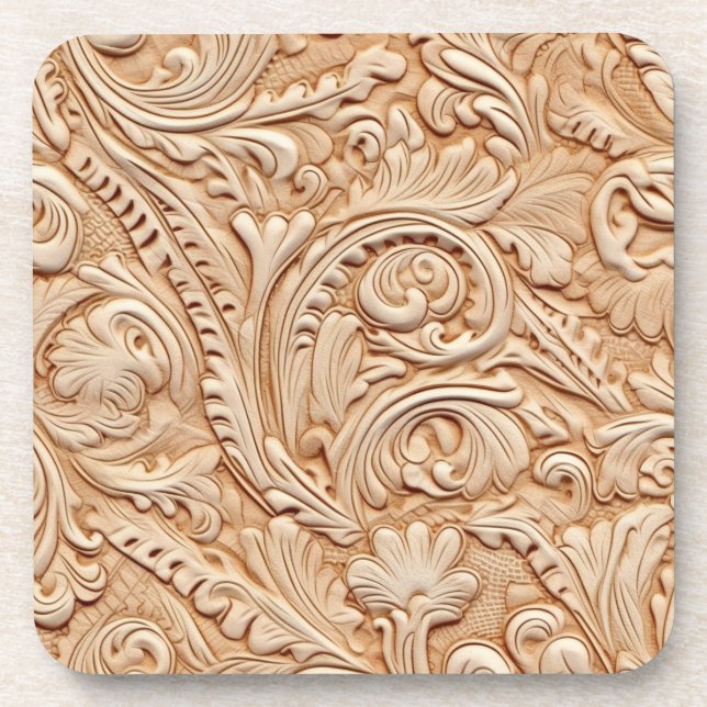 Embossed beige faux leather beverage coaster (Front)