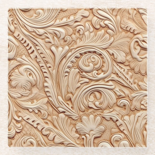Embossed beige faux leather glass coaster (Front)