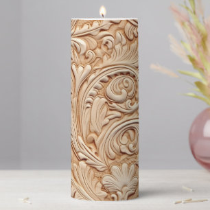 Embossed beige faux leather pillar candle