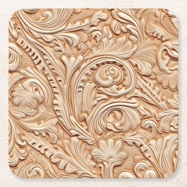 Embossed beige faux leather square paper coaster (Front)