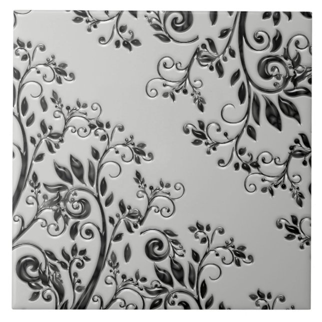 Embossed Black Swirly Floral Ceramic Tile (Front)