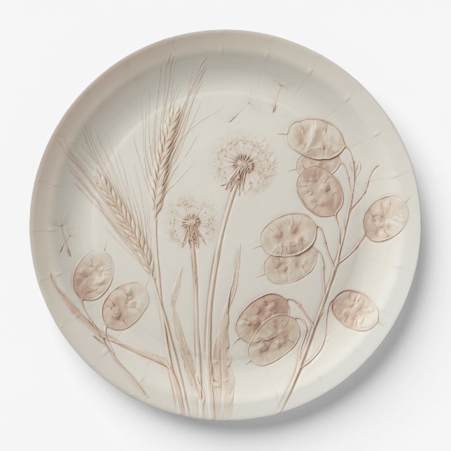 "Embossed Botanicals" Wheat & Dandelion  Paper Plates (Front)