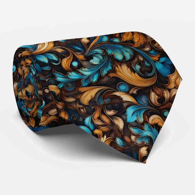 Embossed Brown And Gold Design  Neck Tie (Rolled)