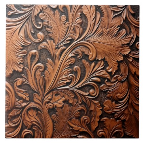 Embossed brown leather ceramic tile