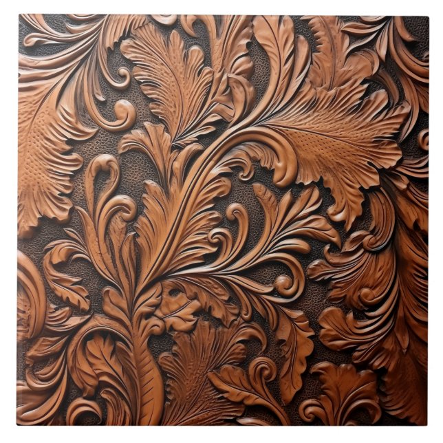 Embossed brown leather ceramic tile (Front)