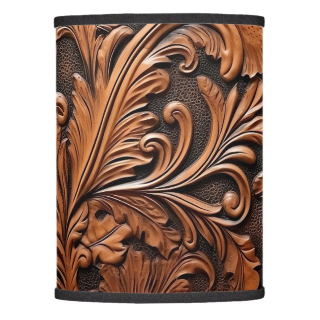 Embossed brown leather lamp shade (Front)
