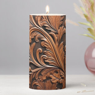 Embossed brown leather pillar candle