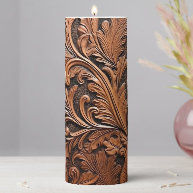 Embossed brown leather pillar candle (In Situ)
