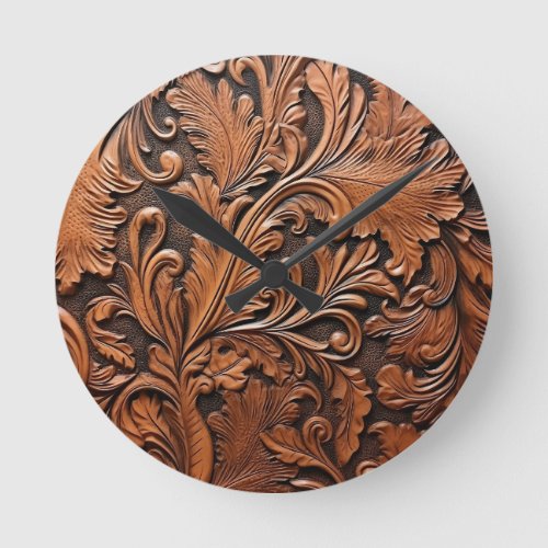 Embossed brown leather round clock