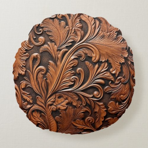 Embossed brown leather round pillow