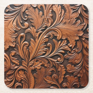 Embossed brown leather square paper coaster