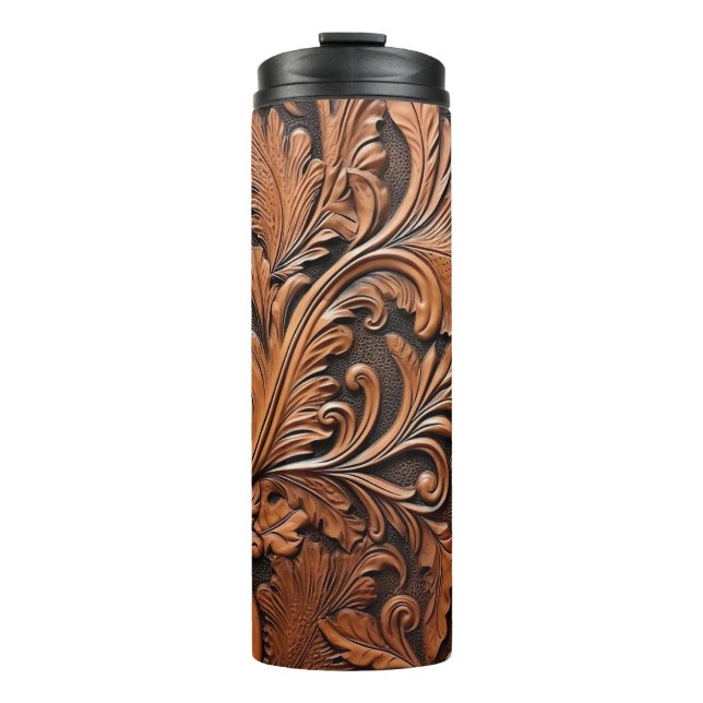 Embossed brown leather thermal tumbler (Front)