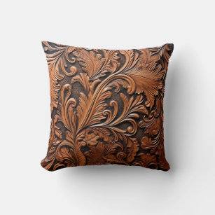 Embossed brown leather throw pillow