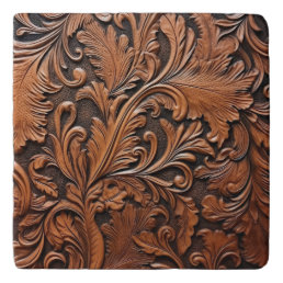 Embossed brown leather trivet