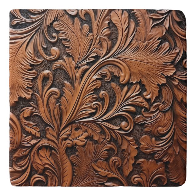 Embossed brown leather trivet (Front)