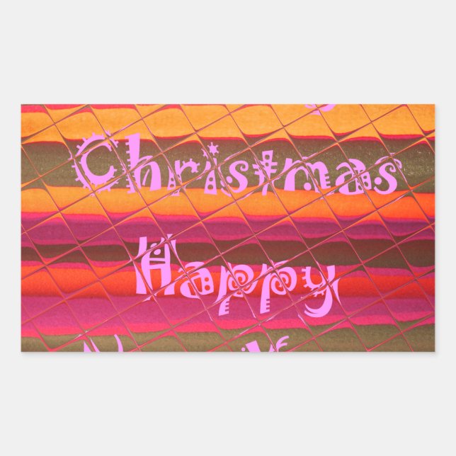 Embossed Colorful Stripes: Merry Christmas Happy N Rectangular Sticker (Front)