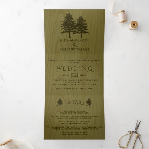 Embossed conifer trees green wood rustic wedding Tri_Fold invitation