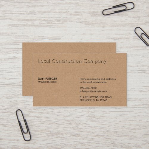 Embossed Construction Business Name Faux Kraft Business Card