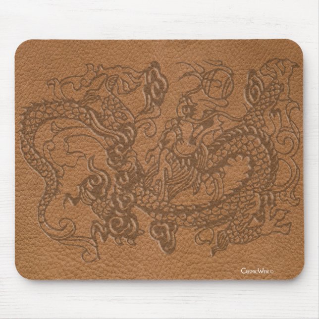 Embossed Dragon on Tan Leather Texture Mouse Pad (Front)