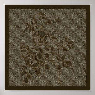 Embossed Effect Brown Stencil Roses Floral Poster