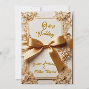 "Embossed Floral Wedding Invitation Satin Bow