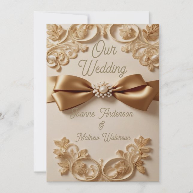 Embossed Floral Wedding Invitation – Satin Bow & G (Front)