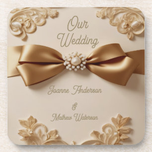 Embossed Floral Wedding Invitation – Satin Bow & G Beverage Coaster
