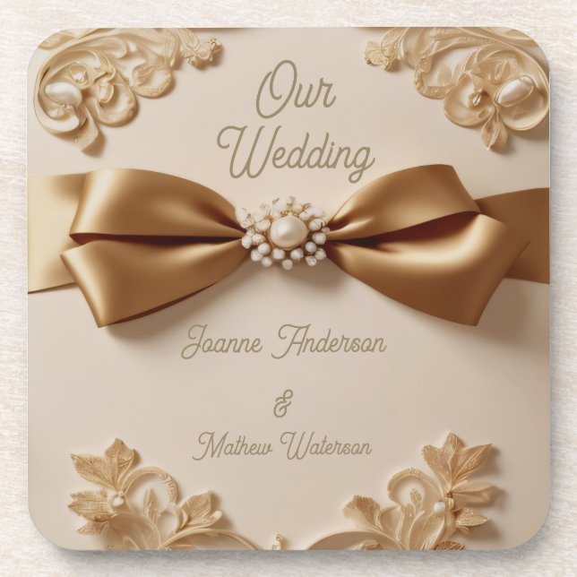 Embossed Floral Wedding Invitation – Satin Bow & G Beverage Coaster (Front)