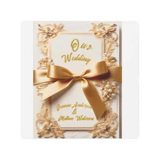 "Embossed Floral Wedding Invitation Satin Bow Metal Print