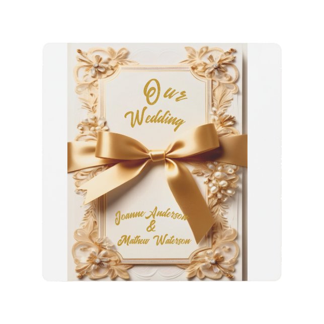 "Embossed Floral Wedding Invitation Satin Bow  Metal Print (Front)