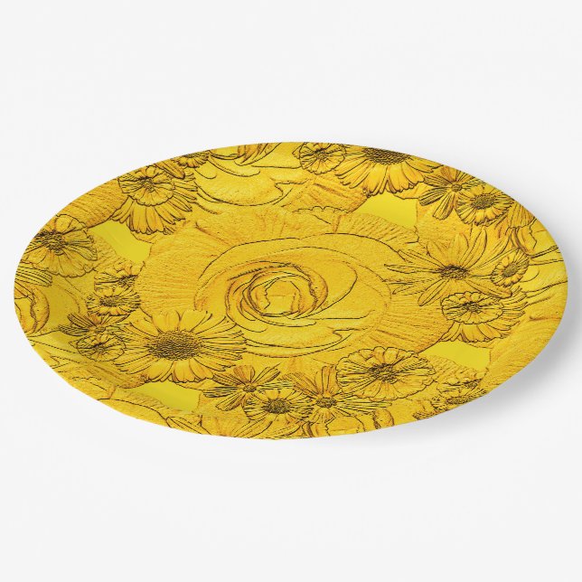 Embossed Flowers-Golden Yellow-PAPER PLATES (Angled)