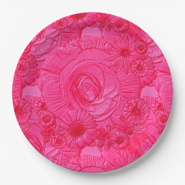 Embossed Flowers-Hot Pink-PAPER PLATES (Front)