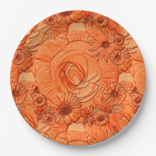 Embossed Flowers-Orange-PAPER PLATES