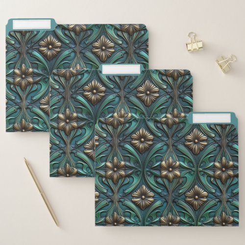 Embossed Gold And Teal Flowers File Folders