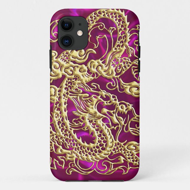 Embossed Gold Dragon Magenta Satin iPhone Case (Back)