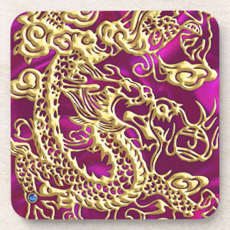 Embossed Gold Dragon Magenta Satin Print Coaster