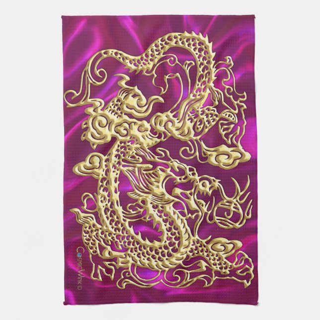 Embossed Gold Dragon Magenta Satin Print Kitchen Towel (Vertical)