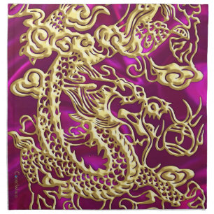Embossed Gold Dragon Magenta Satin Print Napkin