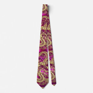 Embossed Gold Dragon Magenta Satin Print Neck Tie