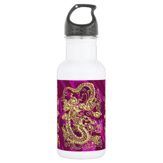 Embossed Gold Dragon Magenta Satin Print Stainless Steel Water Bottle