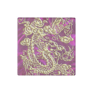 Embossed Gold Dragon Magenta Satin Print Stone Magnet