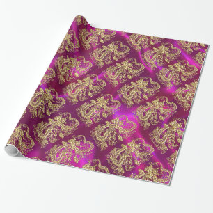 Embossed Gold Dragon Magenta Satin Print Wrapping Paper