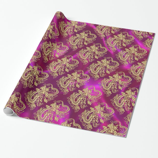 Embossed Gold Dragon Magenta Satin Print Wrapping Paper (Unrolled)