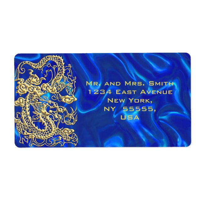 Embossed Gold Dragon on Blue Satin Label (Front)