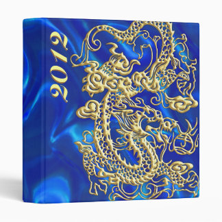 Embossed Gold Dragon on Blue Satin Print 3 Ring Binder