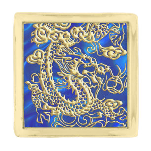 Embossed Gold Dragon on Blue Satin Print Finish Lapel Pin