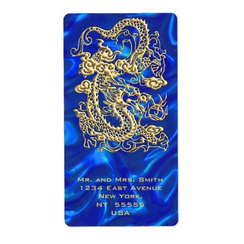 Embossed Gold Dragon on Blue Satin Print Label
