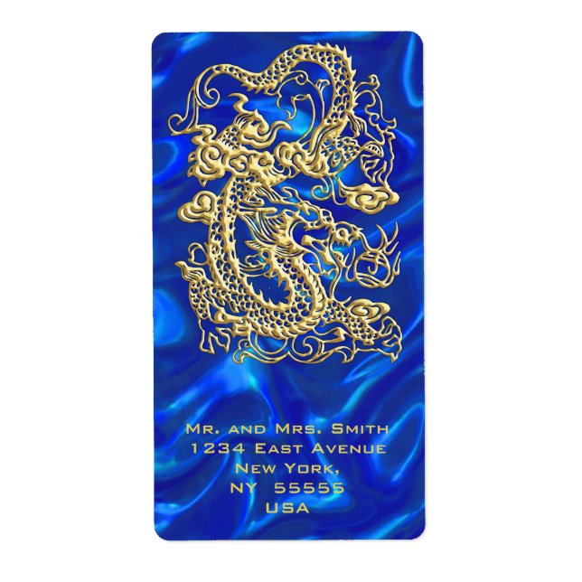 Embossed Gold Dragon on Blue Satin Print Label (Front)